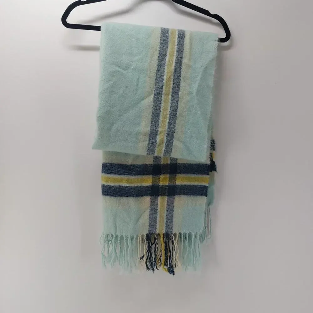Steve Madden Fuzzy Scarf with Tassels Blue Navy Blue Aqua Yellow - Picture 8 of 10